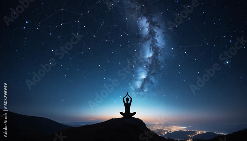 A clear night sky showing glowing constellations in the shape of famous yoga poses, stars interconnected, with a silhouette of a person observing from a hilltop