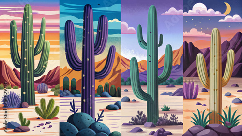 Set of Saguaro National Park East at sunset time, Tucson, Arizona amazing sky and Group of Tall Saguaro Cactus Plants collection