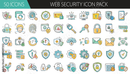 Web Security Icon Pack with 50 Colorful Designs - Set of 50 hand-drawn web security icons, including locks, shields, passwords, firewalls, and protection symbols for tech and cybersecurity design. 