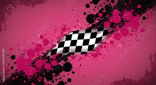Abstract racing background with pink and black paint splatters and checkered flag.
