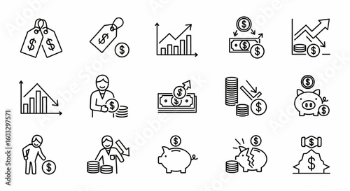 Inflation and Economic Instability Line Icon Set – Money Loss, Rising Prices, Falling Savings, Financial Stress Vector

