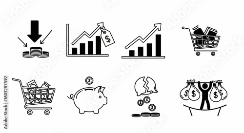 Inflation and Economic Instability Line Icon Set – Money Loss, Rising Prices, Falling Savings, Financial Stress Vector

