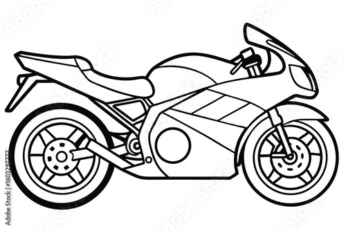Black and White Outline Illustration of Sport Motorcycle With Fairing and Detailed Wheels