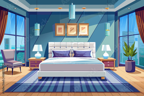 vector of Modern bedroom center large bed has white upholstered platform isolated...