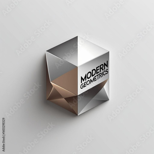 Isometric view of multifaceted cube with silver and bronze panels on a plain neutral surface design element