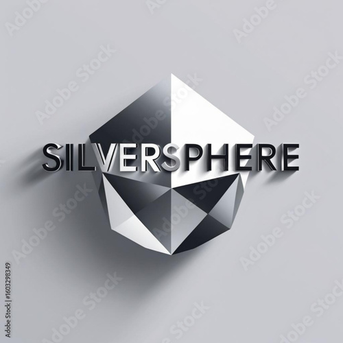 Polygonal object with contrasting shades of gray and white, presented with a dimensional text overlaying it