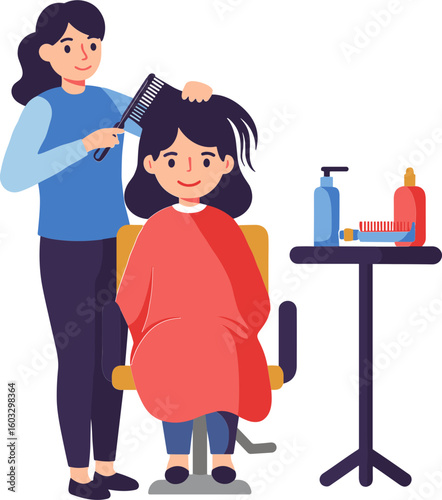 Hairdresser combing client hair in salon illustration