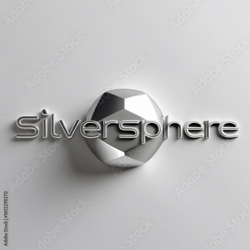 Polygonal sphere with metallic lettering on light surface casting soft shadow creating three dimensional effect