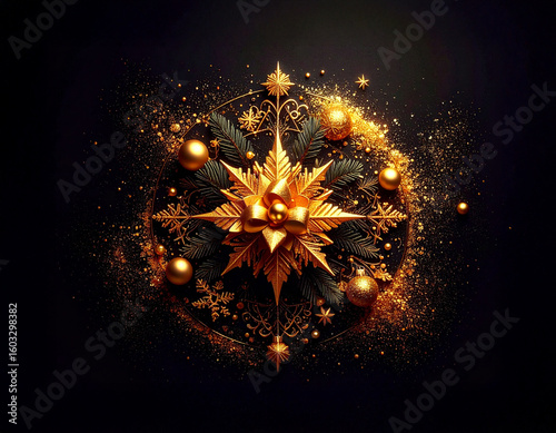 Golden Christmas table decoration on dark background with many decorative branches, decorations, stars and four candles.