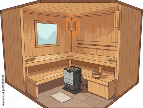 Isometric view of wooden sauna interior with heater