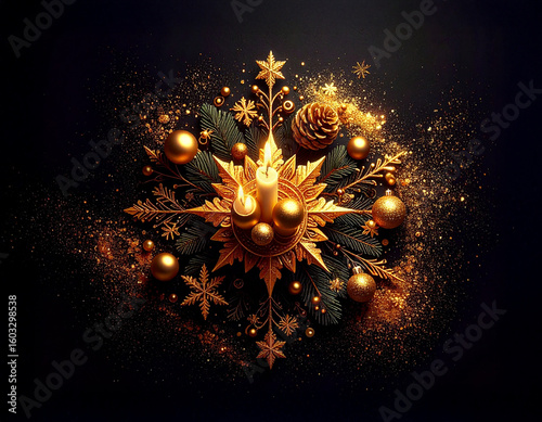 Golden Christmas table decoration on dark background with many decorative branches, decorations, stars and four candles.