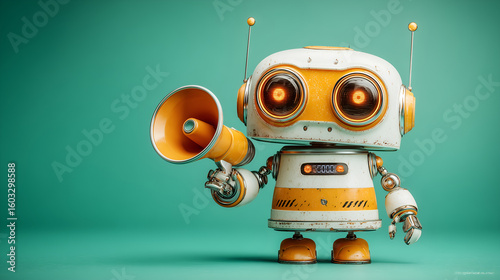 Robotic Messenger: A charming robot figure, wielding a megaphone, captivates with its blend of vintage design, symbolizing communication.