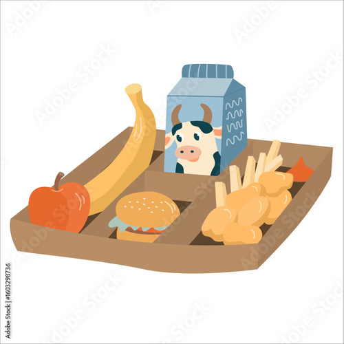 School lunch on a tray hand drawn flat style illustration black outline. Back to school theme element.