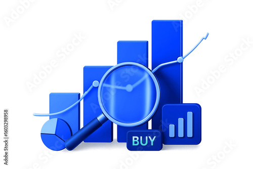 Financial Analysis and Investment Illustration with Purple Bar Chart, Pie Chart, Line Graph, Magnifying Glass, and Buy Button – Transparent PNG for Market Strategy