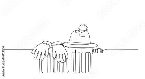 Hat and gloves drying on a radiator in simple line art style  