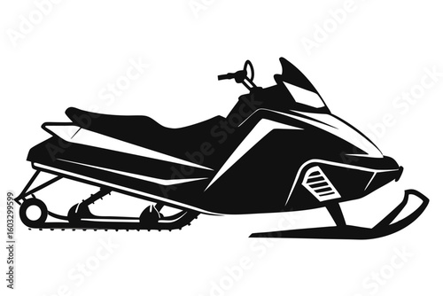 Black and White Graphic Illustration of a Snowmobile with Tread and Handlebars Viewed in Profile