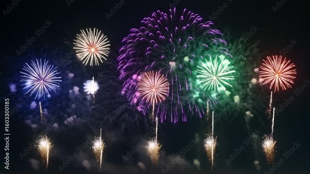 Vibrant multicolored fireworks explode across a dark night sky creating ...