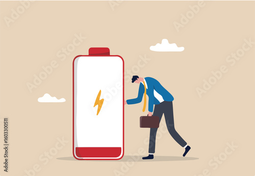 Wallpaper Mural Exhausted and fatigue from hard work, stressed or anxiety from unhealthy work or depression and burnout, low energy or motivation concept, fatigue and tired businessman stand with low battery sign Torontodigital.ca