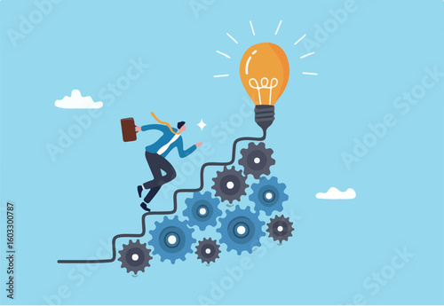 Best practices development, strategy to success or improvement, planning, progress or implementation process, efficiency or productivity concept, businessman running up stair on cogwheel gears system