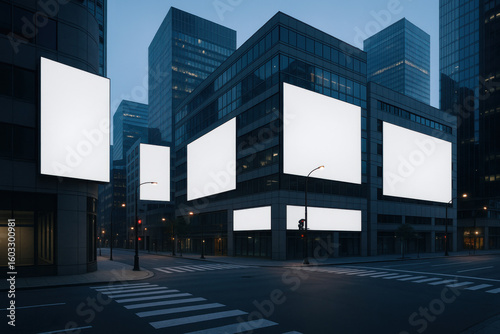 Multiple blank billboards illuminating empty city street at dusk