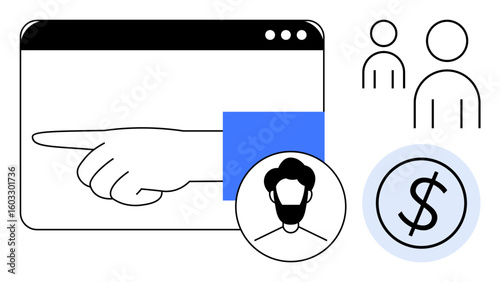 Hand pointing inside a browser interface, user avatars, and dollar sign symbolizing guidance, decision-making, audience targeting, financial management, customer segmentation, marketing, simple flat