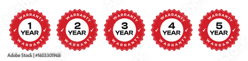 Vector Set of 1 to 5 Year Warranty Badges – Red Round Guarantee Labels for Product Assurance, Electronics, and Ecommerce Use
