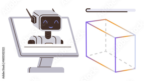 Robot assistant displayed on a monitor, 3D wireframe cube and stylus tool. Ideal for AI, robotics, 3D modeling, education, technology, innovation futuristic concepts. Simple flat metaphor
