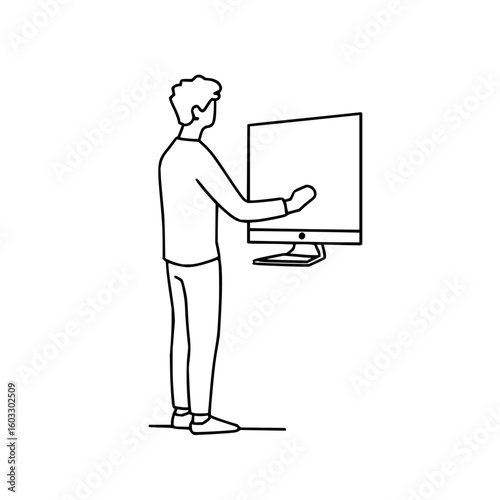 Line drawing of person interacting with a computer monitor