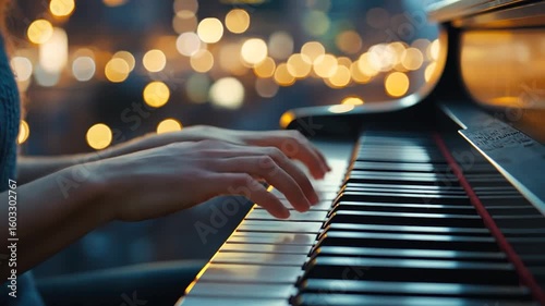 A hand gracefully playing piano keys, with a blurred bokeh background creating a warm ambiance.