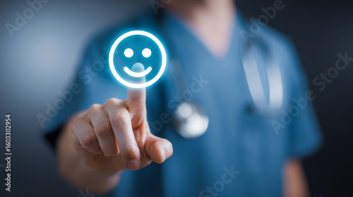 A medical professional taps a smiley icon on a digital screen, representing patient satisfaction and healthcare feedback in a virtual system