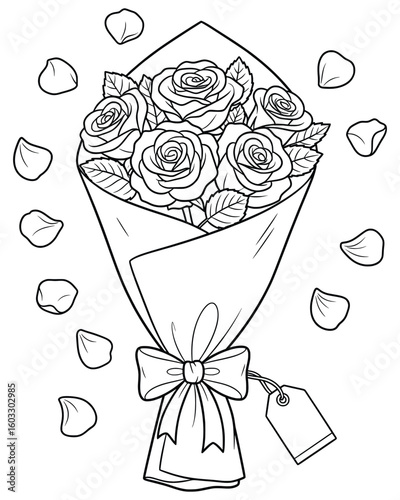 Wrapped rose bouquet with gift tag and scattered petals – black and white flower illustration for coloring
