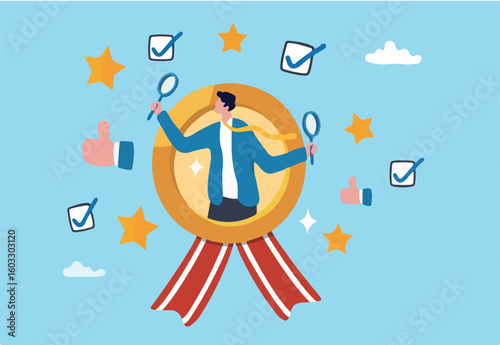 QA quality assurance or quality control to approve or guarantee customer trust and confidence, policy commitment, customer satisfaction concept, businessman with magnifier to assure product quality