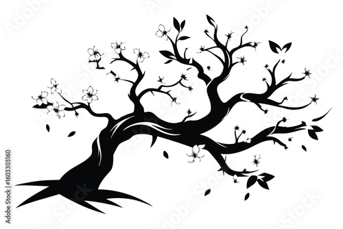 Silhouette illustration of a blooming bonsai tree with butterfly and falling leaves