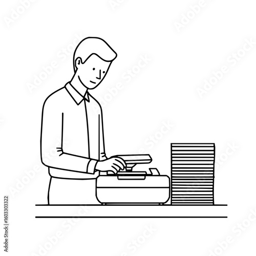 Line drawing of man using a laminator with stack of paper