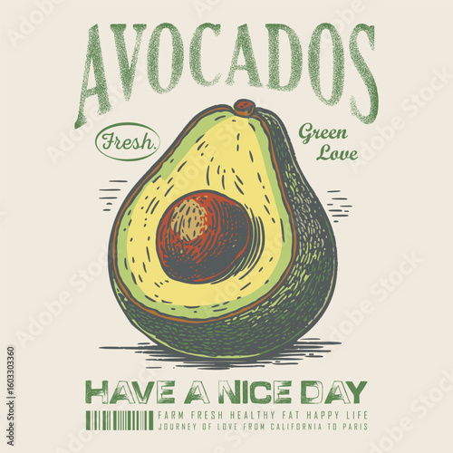 avocado positive vibes t shirt design, vector graphic, typographic poster or t-shirts ,hand drawn sketch of vegetable, leaves. Botanical, Fresh vegetable and fruit design. women's cute t-shirt print