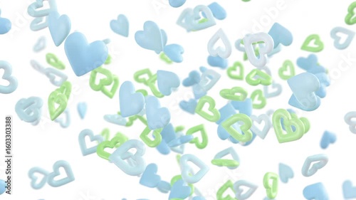 Soft blue and green hearts float upward across a clean white background. The hearts vary in solid and hollow styles, creating a layered composition with visible depth and movement.