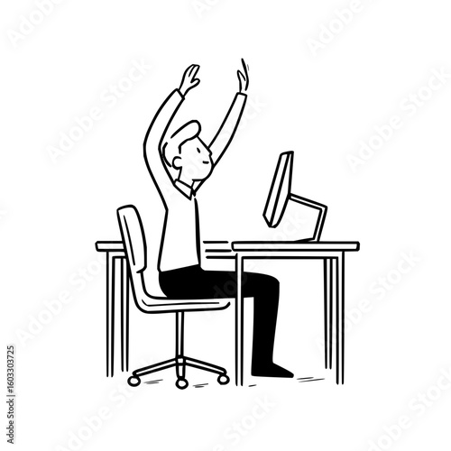Office worker stretching at desk with computer