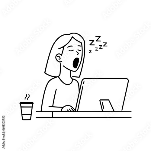 Line art illustration of a woman sleeping at her desk with coffee