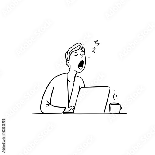 Line drawing of a tired office worker yawning at a laptop with coffee