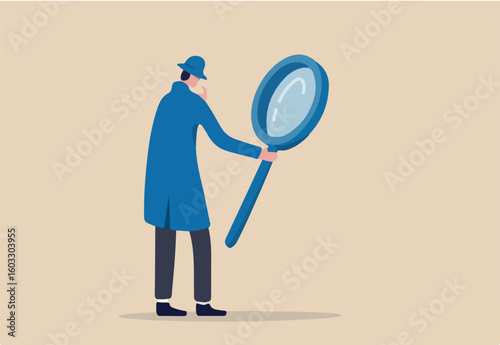 Search, discover, analyze report or specialist investigate and research for insight information concept, curiosity guy detective holding huge magnifying glass and thinking about evidence and result