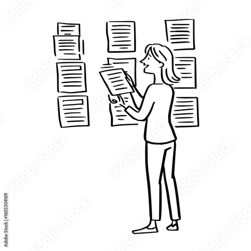 Woman reviewing documents pinned to a wall, possibly related to project management or task tracking system office life