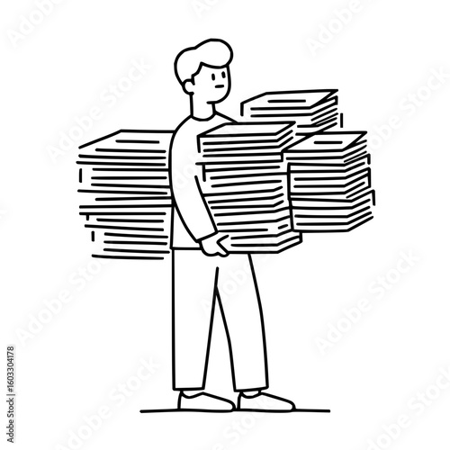 Man carrying large stacks of paper, representing data overload or information management in tech office life