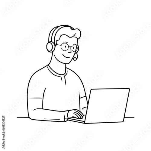A line drawing of a man wearing glasses and a headset working on a laptop with a neutral expression office life