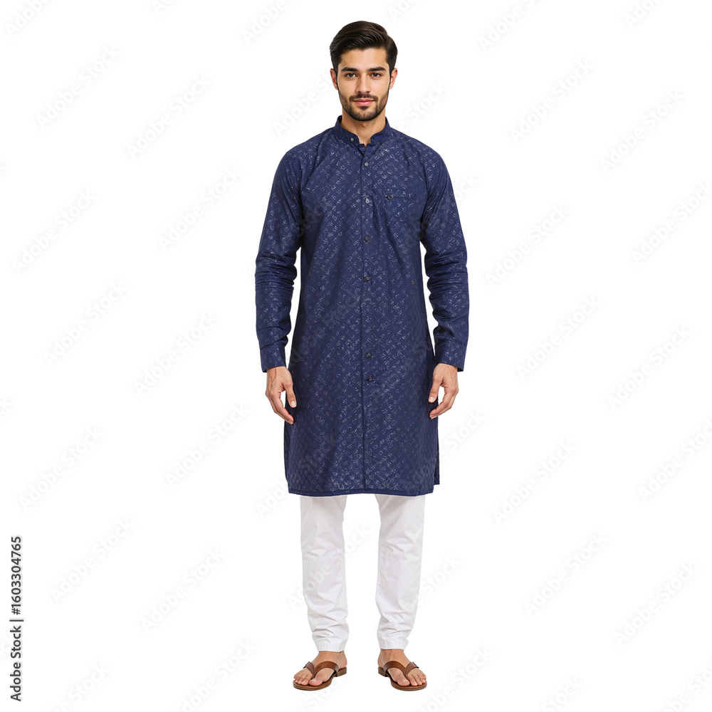 Fototapeta premium Confident young man proudly showcases modern festive attire, exuding cultural elegance and stylish appeal for special occasions.