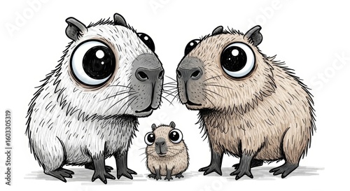 Three cartoonish capybaras with big eyes in pencil drawing style  