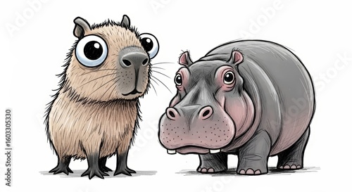 Cartoon capybara and hippo character drawing in playful style  