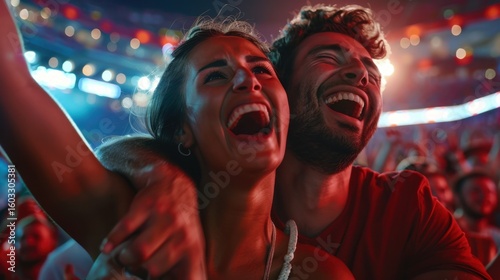 A joyful couple reacts to appearing on the kiss cam during a live event. The video captures genuine human emotions, spontaneous laughter, and a kiss, surrounded by an enthusiastic crowd. 