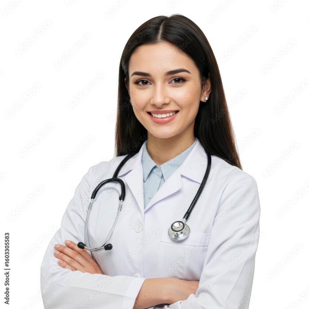 Smiling female medical professional wearing a white lab coat and stethoscope with arms crossed isolated on transparent background Smiling female medical professional wearing a white lab coat and stethoscope with arms crossed isolated on transparent background