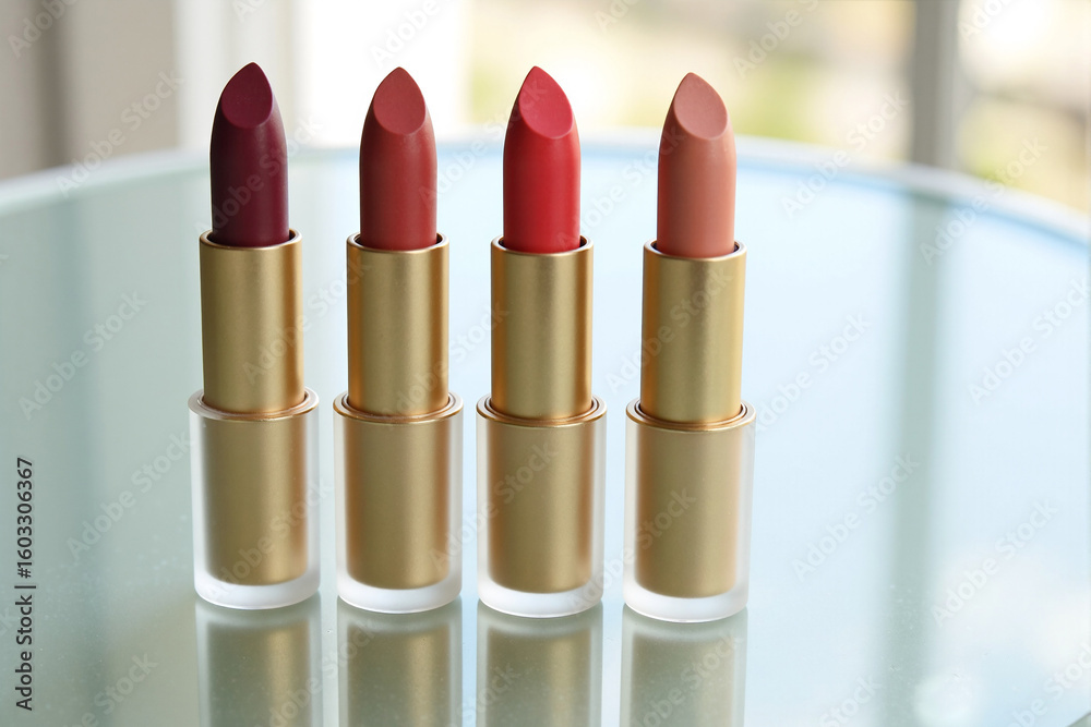 Obraz premium Four different shades of red and nude lipstick in elegant gold tubes are arranged in a row, showcasing a collection of classic and modern beauty cosmetics