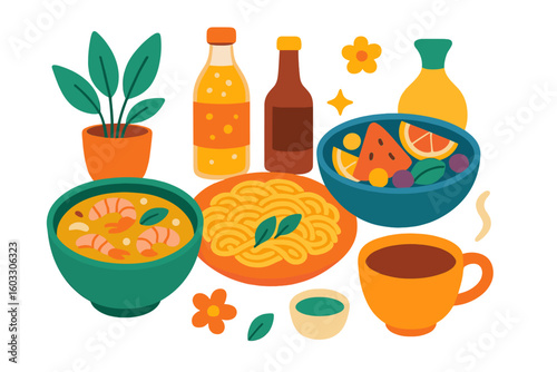Hand drawn Asian culture elements including a Buddha statue, palm trees, tropical flowers, pad thai noodles, tom yum soup bowl, coconut drink, mango fruit and plumeria blossoms in a Thai doodle